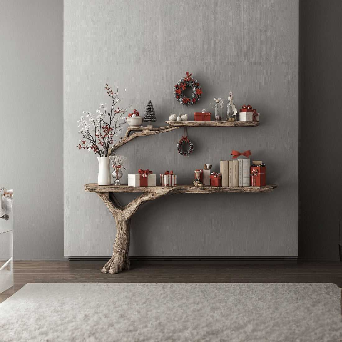 Reclaimed Wood Console Table with Bookshelf