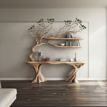 Narrow Console Table with Tree Branch Bookshelf